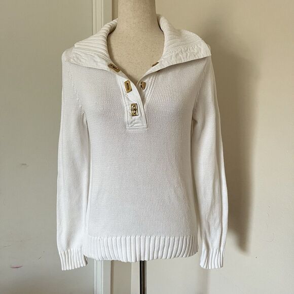 Lauren Ralph Lauren Sweaters - Lauren Ralph Lauren LRL White Cotton Sz S Sweater Gold Clasp Shawl Collar